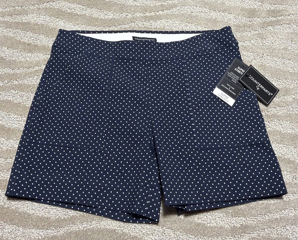 Counterparts 10 Petite White Mini Dots Print Stretch Blue Shorts New w/Tags